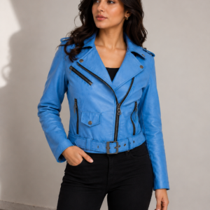 Women sky blue leather biker jacket front view